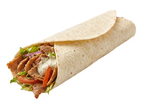 Dürüm wrap gevuld met gesneden vlees, sla, tomaat, ui en knoflooksaus in een dun Turks flatbread.